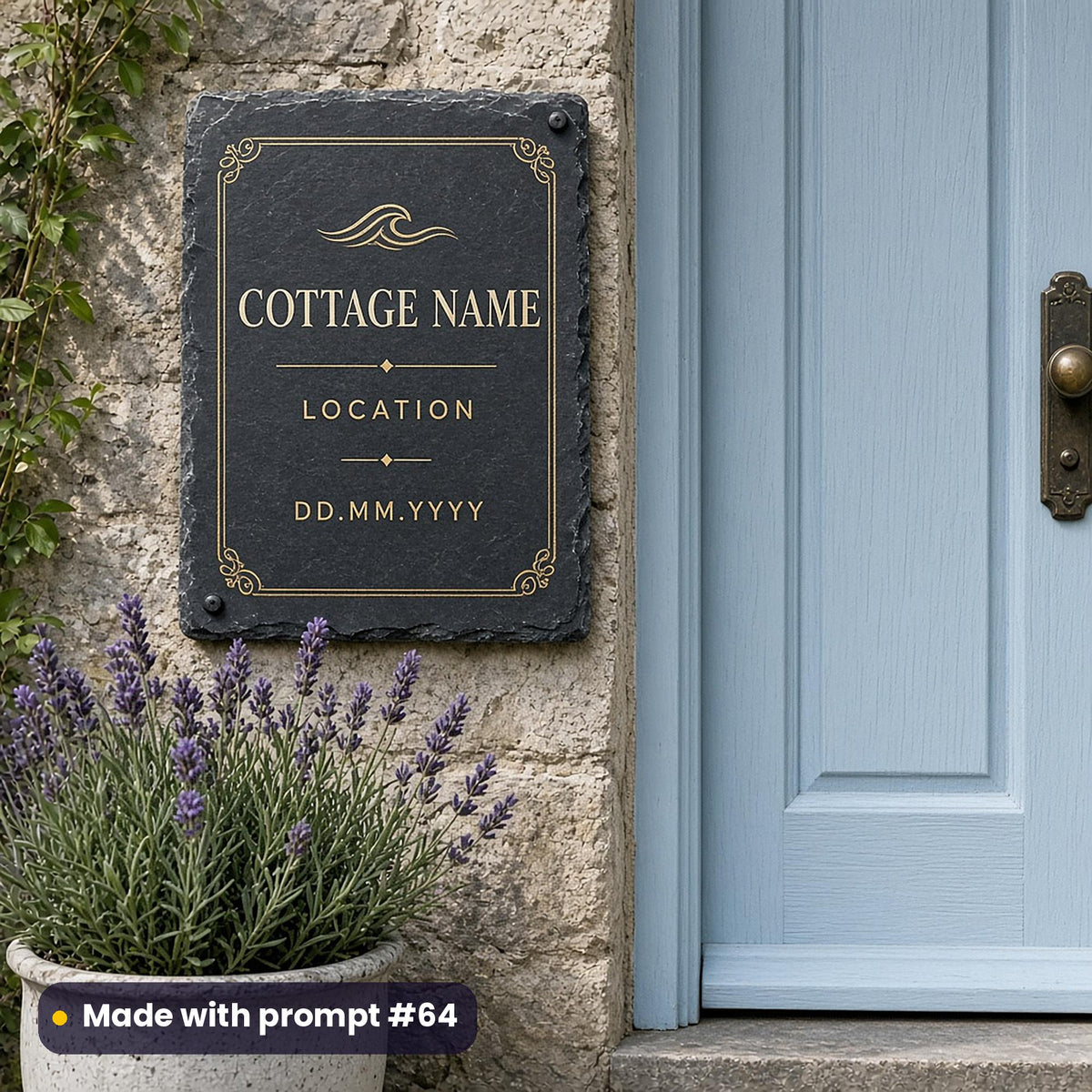 Slate cottage sign printed in ivory and gold with a wave motif above COTTAGE NAME, LOCATION and DD.MM.YYYY placeholder text, beside a blue door, made with prompt #64