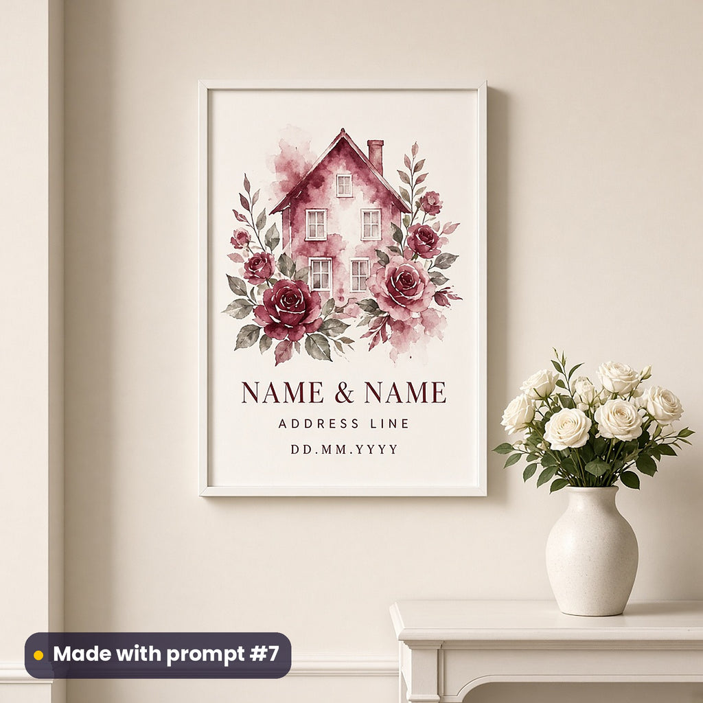 Framed wall art of a burgundy watercolour house among roses above NAME & NAME, ADDRESS LINE and DD.MM.YYYY placeholder text, in a hallway, made with prompt #7