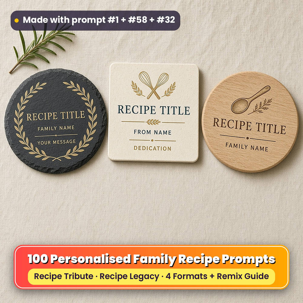 Three personalised recipe coasters on linen: a slate coaster with a gold laurel ring, a cream coaster with a teal whisk motif and an oak coaster with an engraved wooden spoon, reading RECIPE TITLE, FAMILY NAME, YOUR MESSAGE, FROM NAME and DEDICATION as placeholder text, made with prompt #1 + #58 + #32