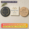Three personalised recipe coasters on linen: a slate coaster with a gold laurel ring, a cream coaster with a teal whisk motif and an oak coaster with an engraved wooden spoon, reading RECIPE TITLE, FAMILY NAME, YOUR MESSAGE, FROM NAME and DEDICATION as placeholder text, made with prompt #1 + #58 + #32