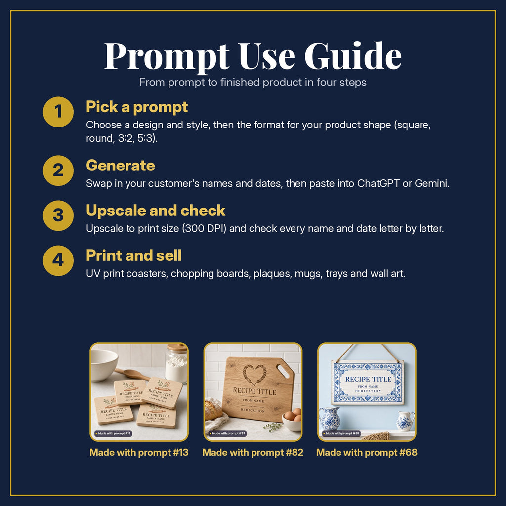 Prompt Use Guide in four steps: pick a prompt, generate, upscale and check, print and sell, with example products made with prompt #13, prompt #82, prompt #68