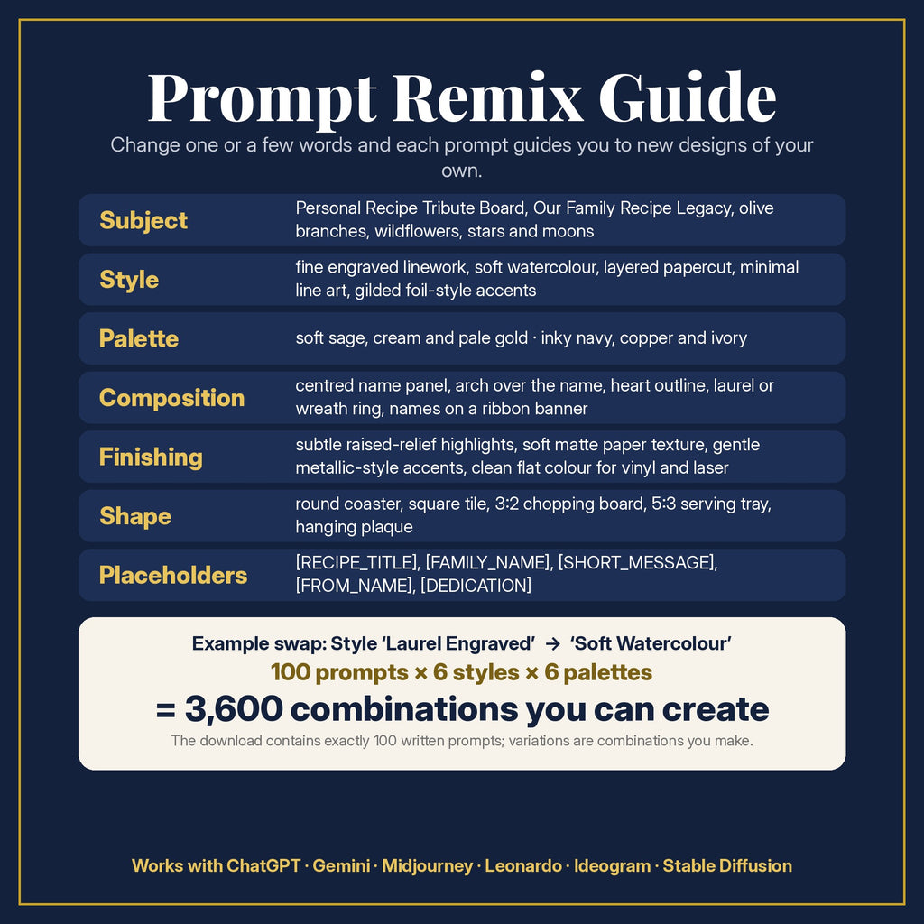 Prompt Remix Guide: change subject, style, palette, composition, finishing, shape and placeholders; 100 prompts × 6 styles × 6 palettes = 3,600 combinations you can create
