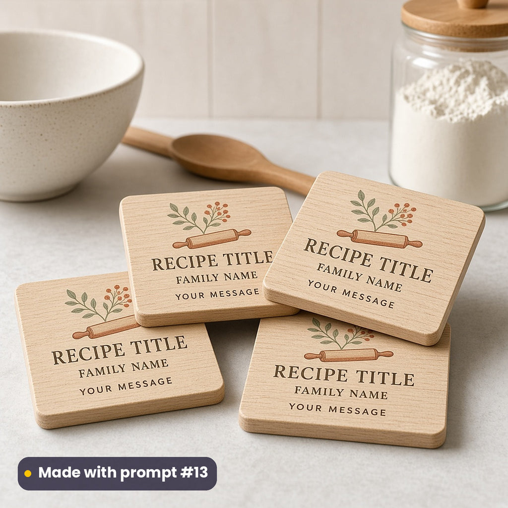 Four square beech coasters printed with a terracotta rolling pin and sage sprig above RECIPE TITLE, FAMILY NAME and YOUR MESSAGE placeholder text, beside a mixing bowl, made with prompt #13