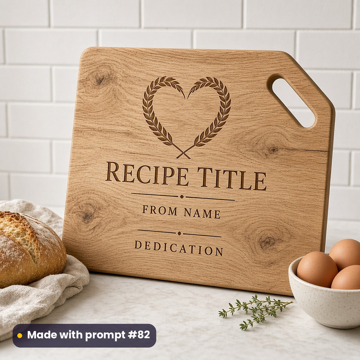 Oak chopping board engraved with a wheat heart above RECIPE TITLE, FROM NAME and DEDICATION placeholder text, beside bread and eggs, made with prompt #82