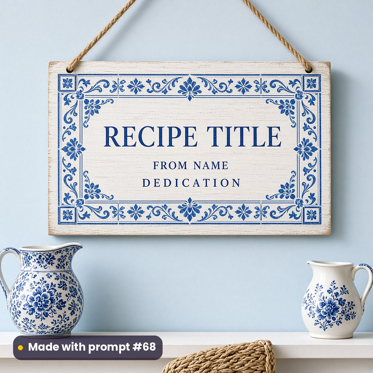 Whitewashed hanging plaque with a cobalt tile-pattern border around RECIPE TITLE, FROM NAME and DEDICATION placeholder text, above blue and white jugs, made with prompt #68