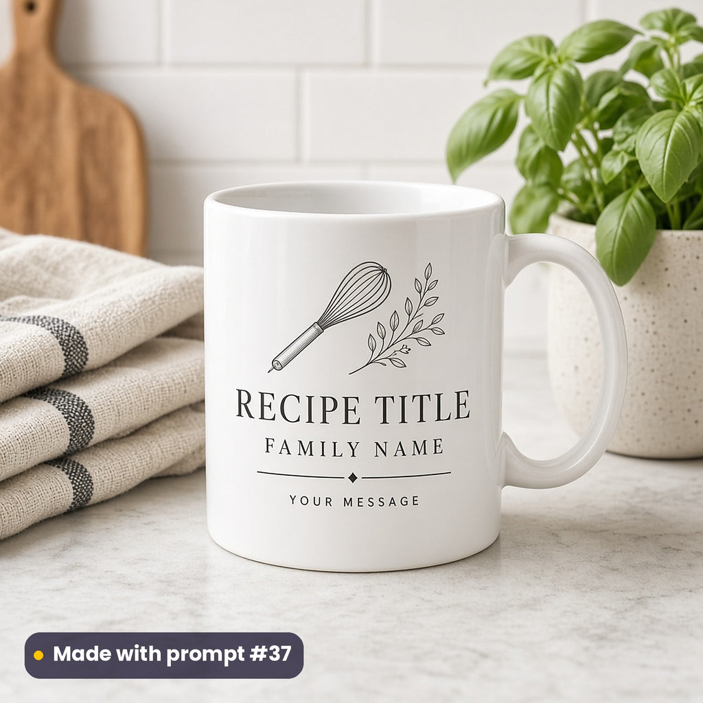 White mug printed with a line-art whisk and leaf sprig above RECIPE TITLE, FAMILY NAME and YOUR MESSAGE placeholder text, beside basil, made with prompt #37