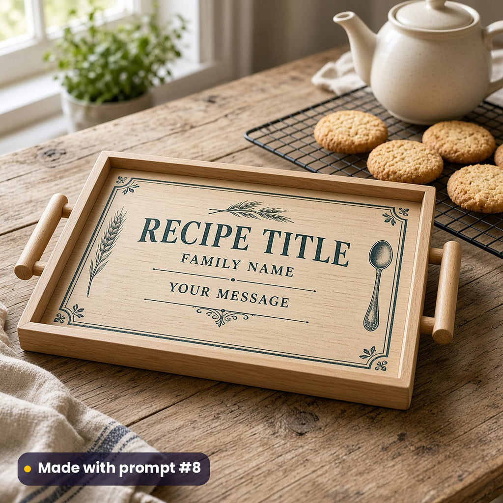 Wooden tray printed in teal letterpress style with wheat and spoon motifs around RECIPE TITLE, FAMILY NAME and YOUR MESSAGE placeholder text, made with prompt #8