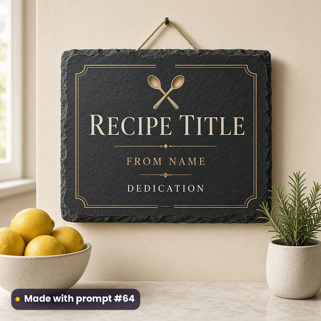 Slate kitchen sign printed in ivory and gold with crossed spoons above RECIPE TITLE, FROM NAME and DEDICATION placeholder text, beside lemons, made with prompt #64