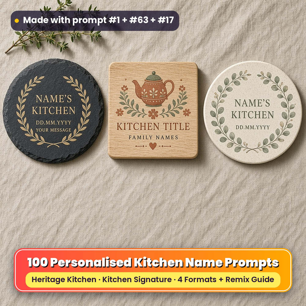 Three personalised kitchen coasters on linen: a slate coaster with a gold laurel ring, an oak coaster with a terracotta folk teapot and a ceramic coaster with a herb garland, reading NAME'S KITCHEN, DD.MM.YYYY, YOUR MESSAGE, KITCHEN TITLE and FAMILY NAMES as placeholder text, made with prompt #1 + #63 + #17