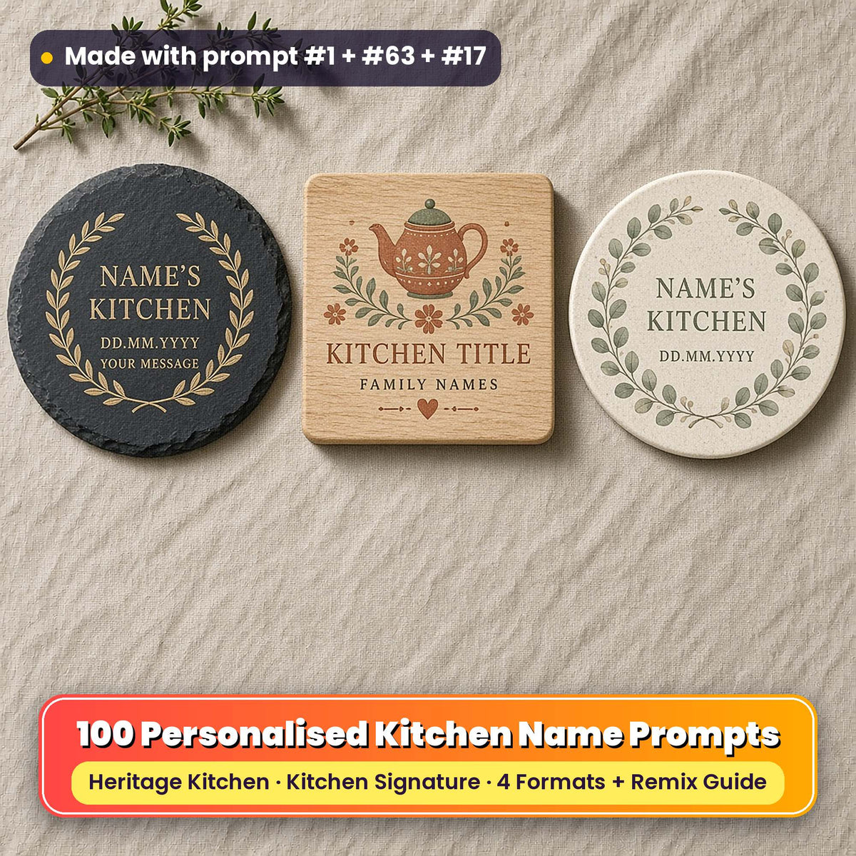 Three personalised kitchen coasters on linen: a slate coaster with a gold laurel ring, an oak coaster with a terracotta folk teapot and a ceramic coaster with a herb garland, reading NAME'S KITCHEN, DD.MM.YYYY, YOUR MESSAGE, KITCHEN TITLE and FAMILY NAMES as placeholder text, made with prompt #1 + #63 + #17
