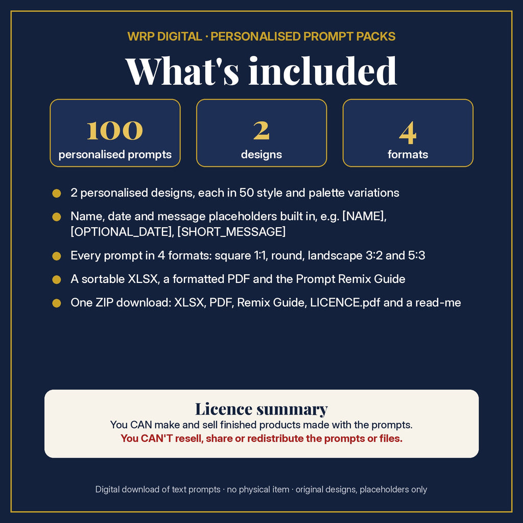 What's included: 100 personalised prompts, 2 designs with name, date and message placeholders, 4 formats (square, round, 3:2, 5:3), XLSX and PDF, Prompt Remix Guide, ZIP, and a licence summary