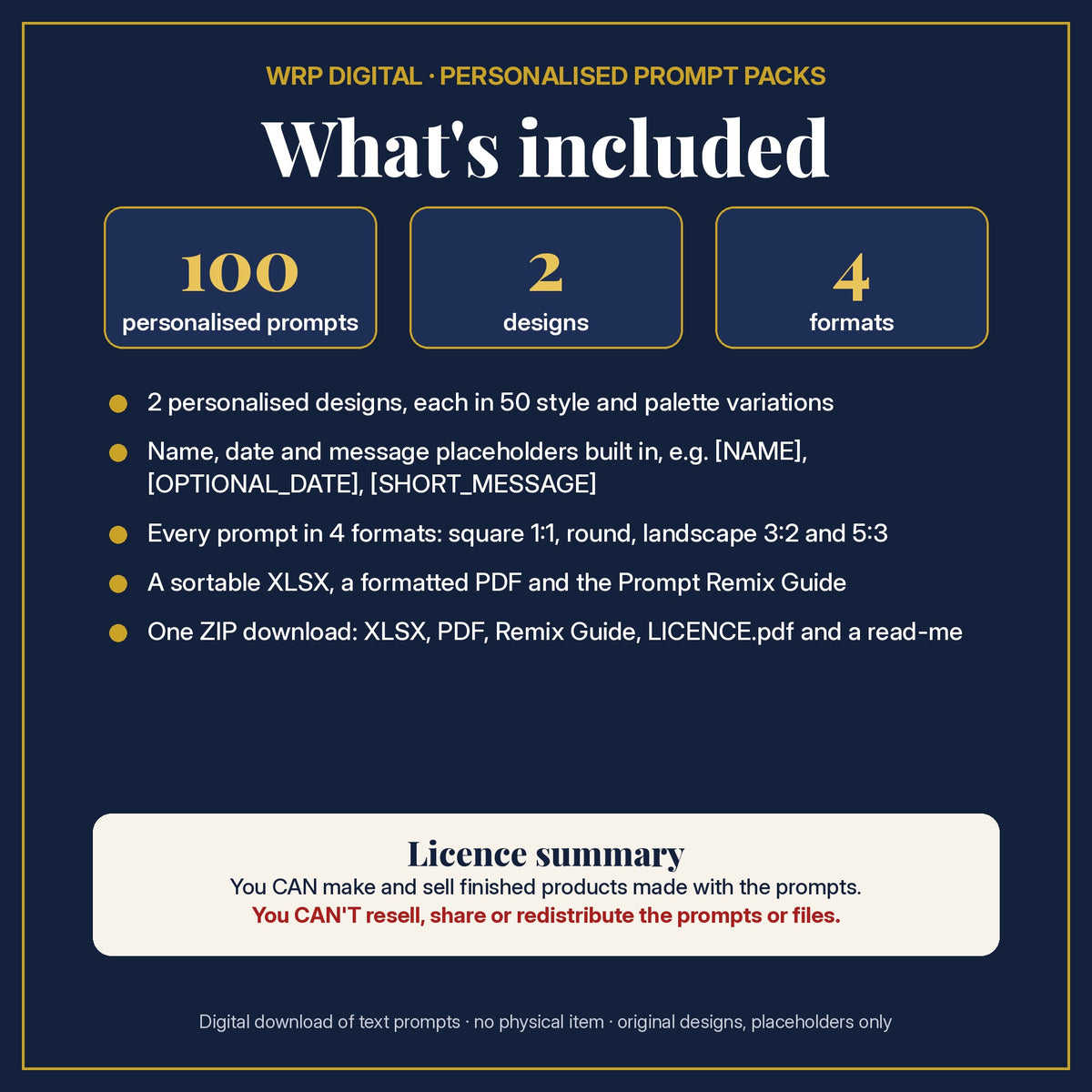 What's included: 100 personalised prompts, 2 designs with name, date and message placeholders, 4 formats (square, round, 3:2, 5:3), XLSX and PDF, Prompt Remix Guide, ZIP, and a licence summary