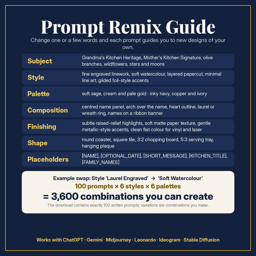 Prompt Remix Guide: change subject, style, palette, composition, finishing, shape and placeholders; 100 prompts × 6 styles × 6 palettes = 3,600 combinations you can create