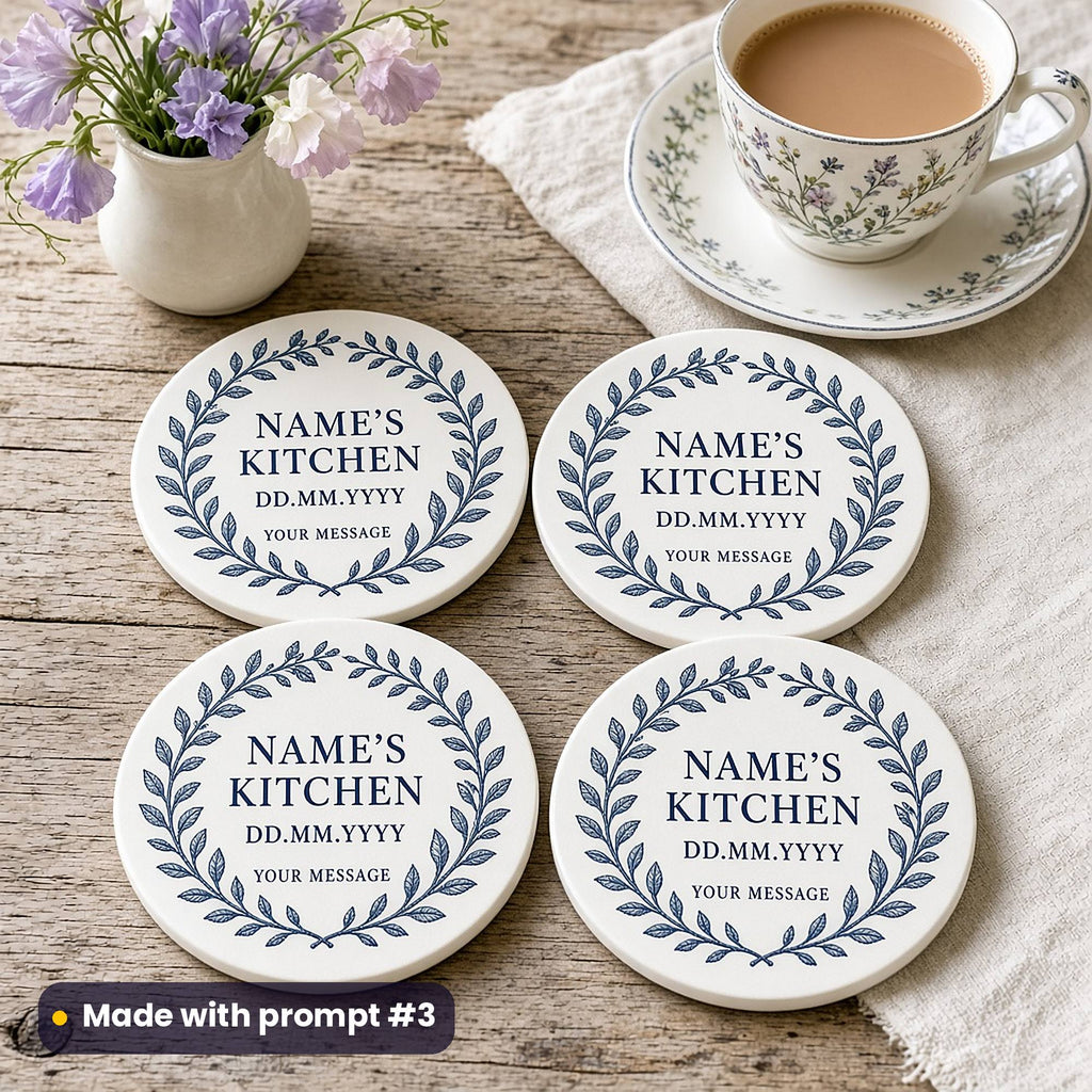 Four round white ceramic coasters with a sapphire blue leaf garland around NAME'S KITCHEN, DD.MM.YYYY and YOUR MESSAGE placeholder text, beside a teacup, made with prompt #3