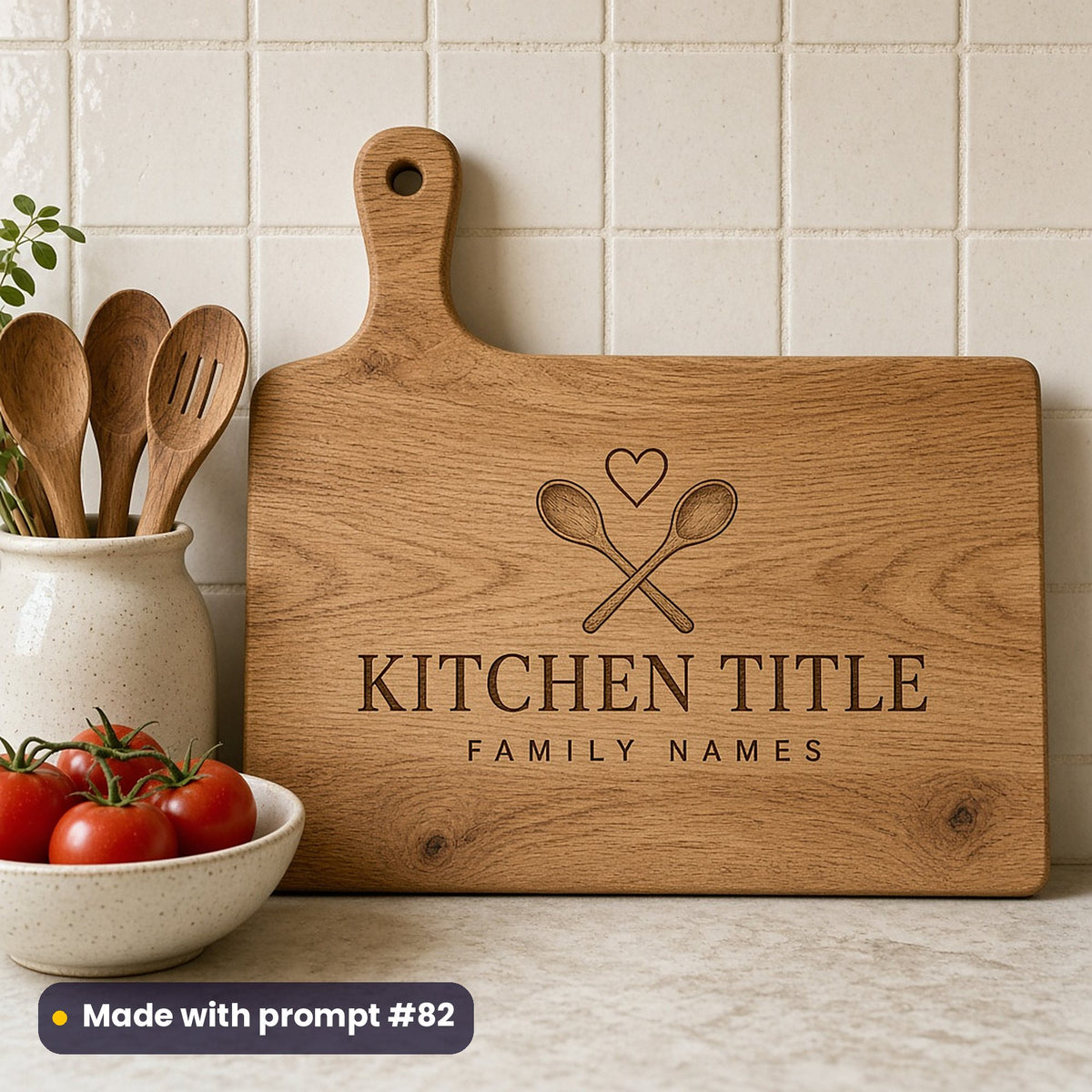 Oak chopping board engraved with crossed wooden spoons and a heart above KITCHEN TITLE and FAMILY NAMES placeholder text, beside tomatoes, made with prompt #82