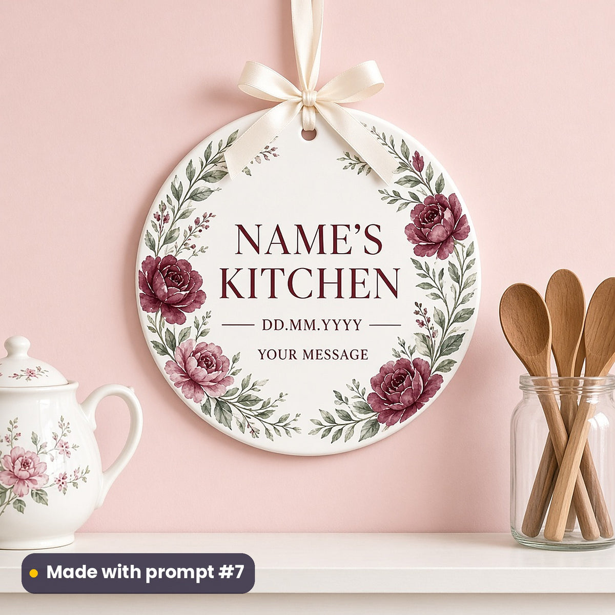 Round white plaque on a cream ribbon printed with burgundy watercolour roses around NAME'S KITCHEN, DD.MM.YYYY and YOUR MESSAGE placeholder text, made with prompt #7