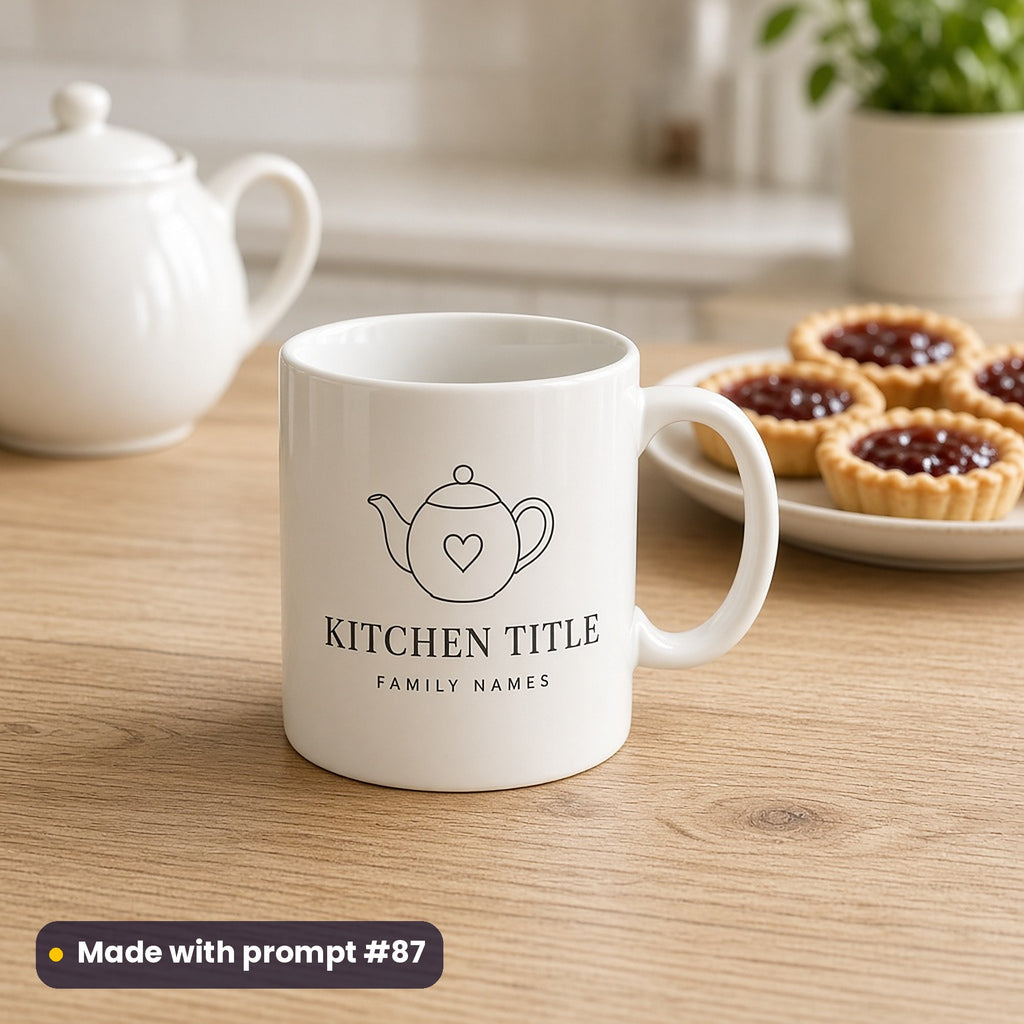 White mug printed with a line-art teapot and heart above KITCHEN TITLE and FAMILY NAMES placeholder text, beside jam tarts, made with prompt #87