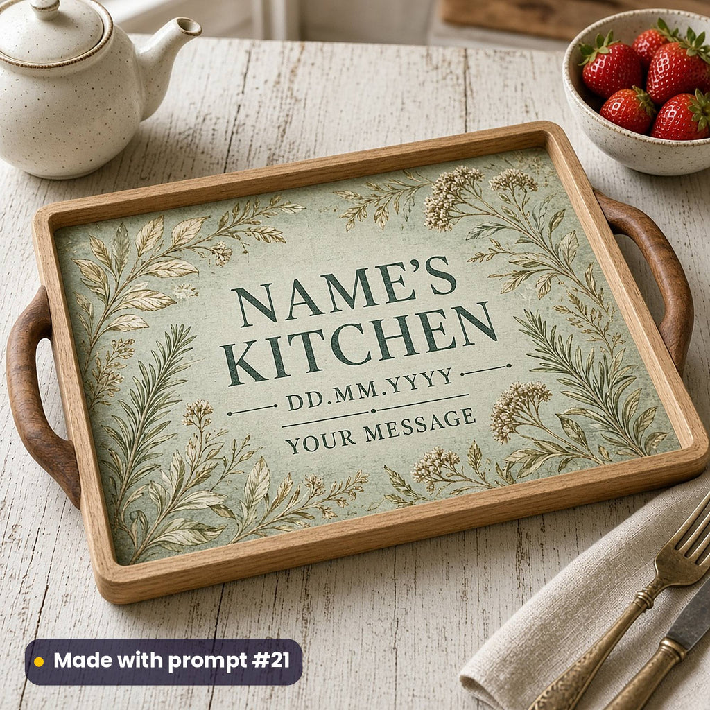 Wooden tray printed with sea-glass green textured herbs around NAME'S KITCHEN, DD.MM.YYYY and YOUR MESSAGE placeholder text, beside strawberries, made with prompt #21