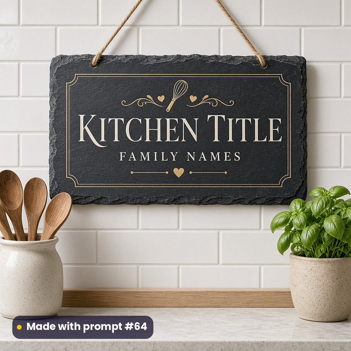 Slate kitchen sign printed in ivory and gold with a whisk and hearts above KITCHEN TITLE and FAMILY NAMES placeholder text, beside basil, made with prompt #64