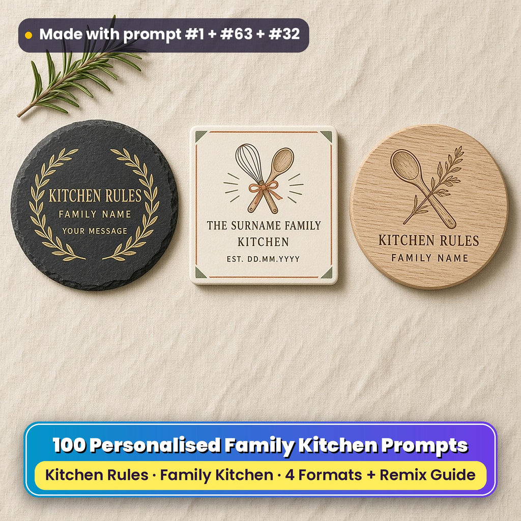Three personalised kitchen coasters on linen: a slate coaster with a gold laurel wreath, a cream square coaster with a terracotta and sage whisk and spoon motif and an oak coaster with an engraved spoon and herb sprig, reading KITCHEN RULES, FAMILY NAME, YOUR MESSAGE, THE SURNAME FAMILY KITCHEN and EST. DD.MM.YYYY as placeholder text, made with prompt #1 + #63 + #32