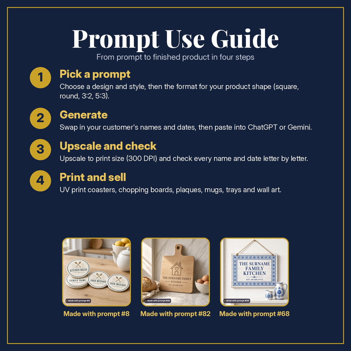 Prompt Use Guide in four steps: pick a prompt, generate, upscale and check, print and sell, with example products made with prompt #8, prompt #82, prompt #68