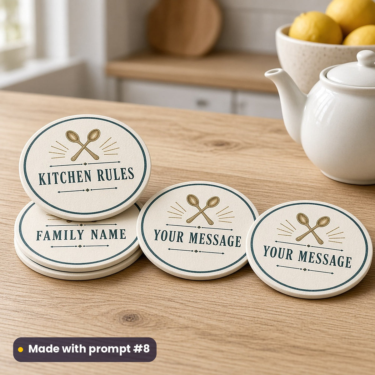 Four round cream coasters printed in teal letterpress style with crossed spoons and KITCHEN RULES, FAMILY NAME and YOUR MESSAGE placeholder text, beside a white teapot and lemons, made with prompt #8