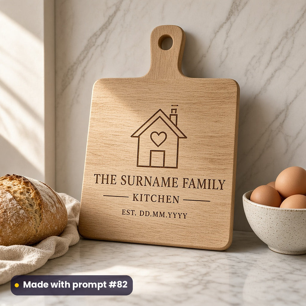 Oak chopping board engraved with a house and heart motif above THE SURNAME FAMILY KITCHEN and EST. DD.MM.YYYY placeholder text, beside bread and eggs, made with prompt #82