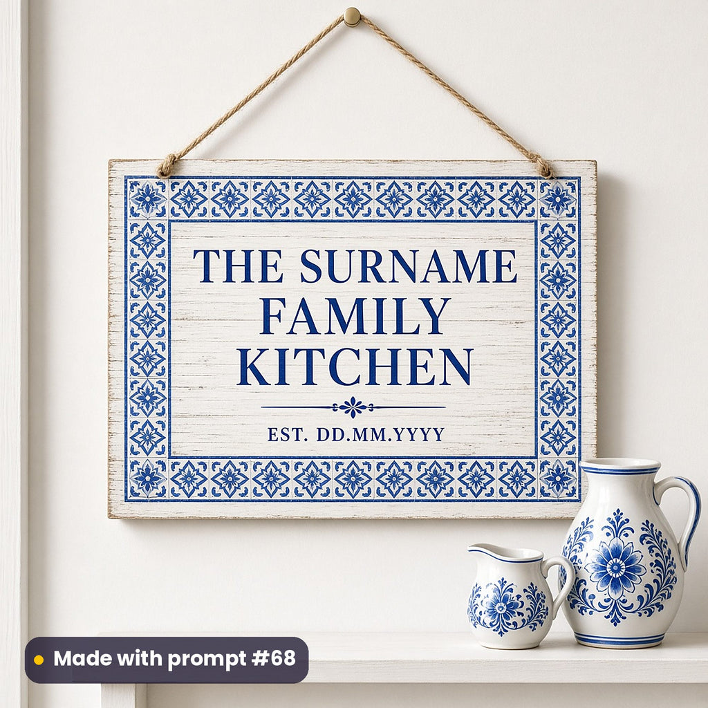 Whitewashed hanging plaque with a cobalt tile-pattern border around THE SURNAME FAMILY KITCHEN and EST. DD.MM.YYYY placeholder text, above blue and white jugs, made with prompt #68