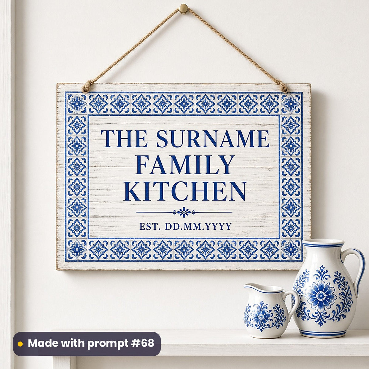 Whitewashed hanging plaque with a cobalt tile-pattern border around THE SURNAME FAMILY KITCHEN and EST. DD.MM.YYYY placeholder text, above blue and white jugs, made with prompt #68
