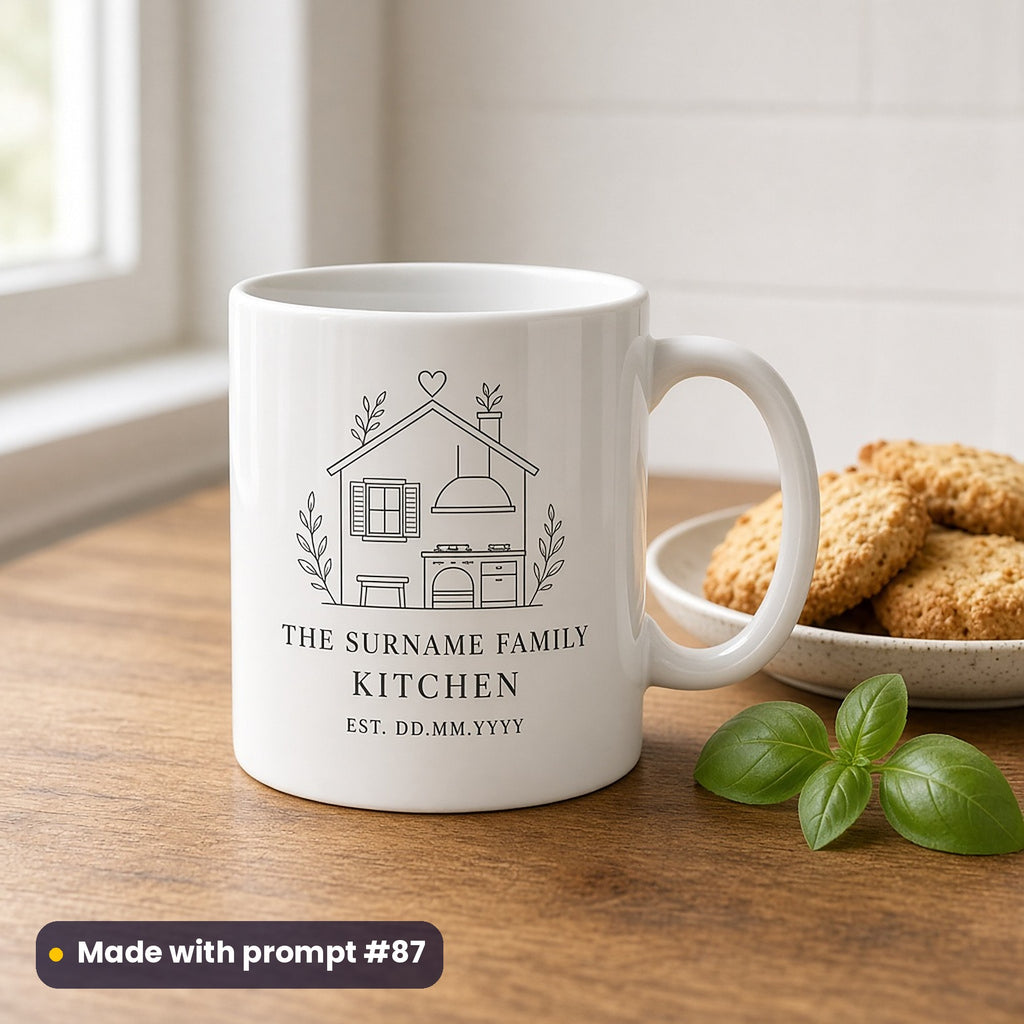 White mug printed with a line-art kitchen house and heart above THE SURNAME FAMILY KITCHEN and EST. DD.MM.YYYY placeholder text, beside biscuits and basil, made with prompt #87