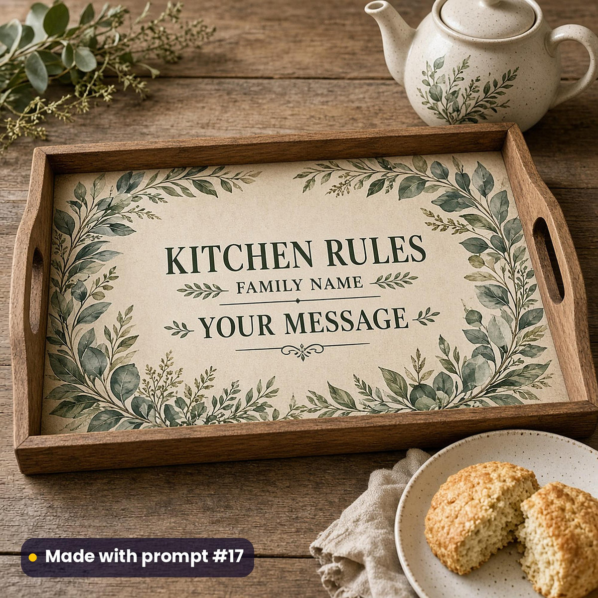 Wooden tray printed with a eucalyptus green leaf border around KITCHEN RULES, FAMILY NAME and YOUR MESSAGE placeholder text, beside a teapot and scones, made with prompt #17