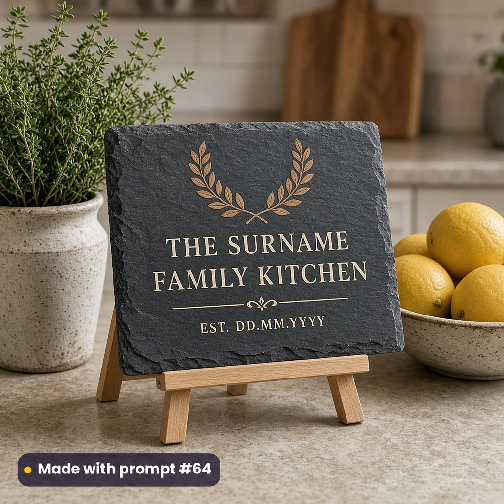 Slate sign on an easel printed in ivory and gold with a laurel sprig above THE SURNAME FAMILY KITCHEN and EST. DD.MM.YYYY placeholder text, beside thyme and lemons, made with prompt #64
