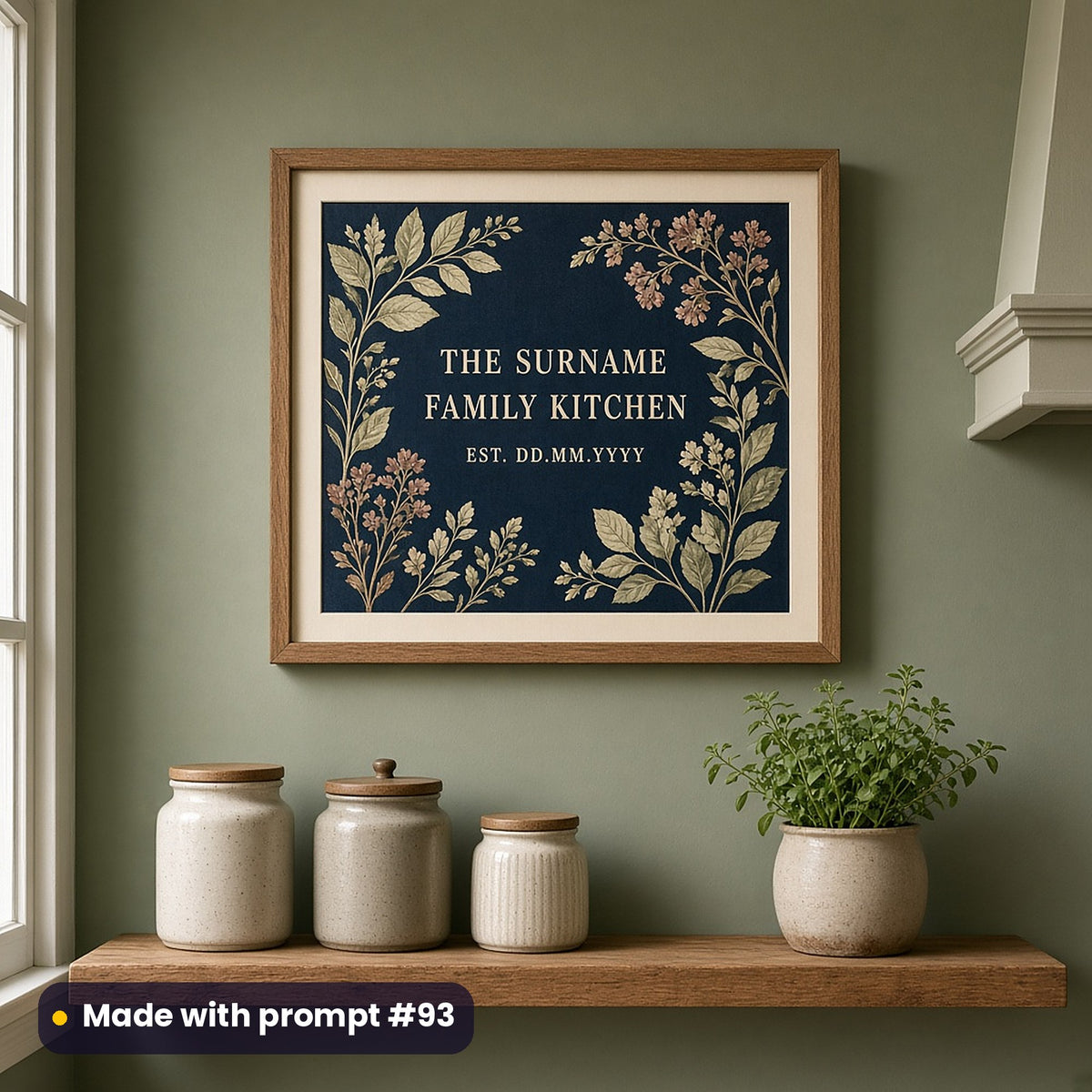 Framed wall art of pressed herbs and flowers on midnight blue around THE SURNAME FAMILY KITCHEN and EST. DD.MM.YYYY placeholder text, on a sage kitchen wall, made with prompt #93