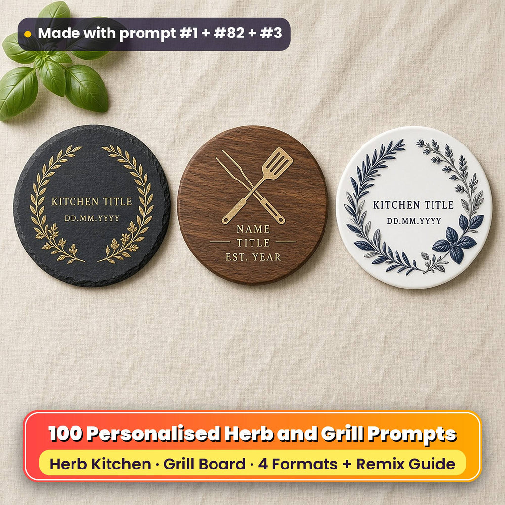 Three personalised kitchen coasters on linen: a slate coaster with a gold laurel and herb wreath, a walnut coaster with gold crossed grill tools and a white ceramic coaster with a sapphire herb relief, reading KITCHEN TITLE, DD.MM.YYYY, NAME, TITLE and EST. YEAR as placeholder text, made with prompt #1 + #82 + #3