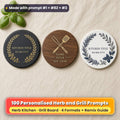 Three personalised kitchen coasters on linen: a slate coaster with a gold laurel and herb wreath, a walnut coaster with gold crossed grill tools and a white ceramic coaster with a sapphire herb relief, reading KITCHEN TITLE, DD.MM.YYYY, NAME, TITLE and EST. YEAR as placeholder text, made with prompt #1 + #82 + #3