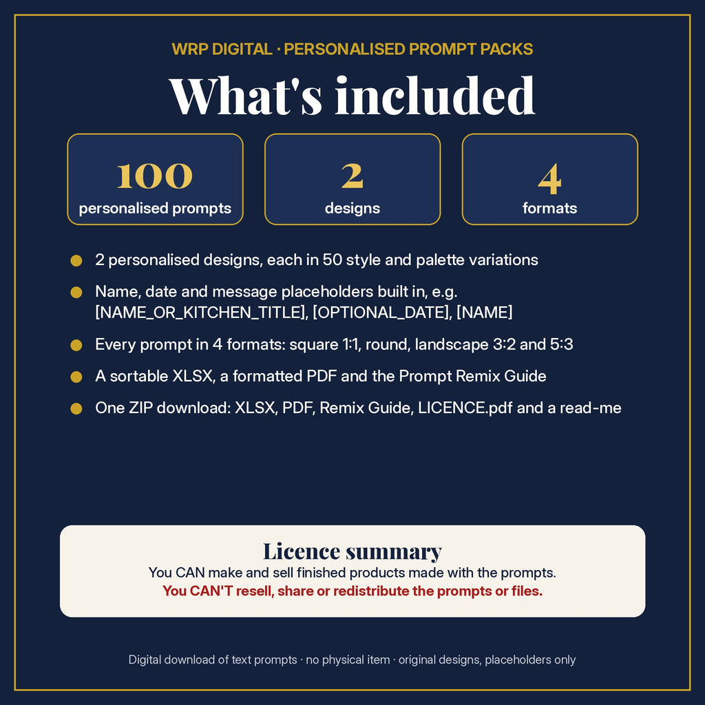 What's included: 100 personalised prompts, 2 designs with name, date and message placeholders, 4 formats (square, round, 3:2, 5:3), XLSX and PDF, Prompt Remix Guide, ZIP, and a licence summary
