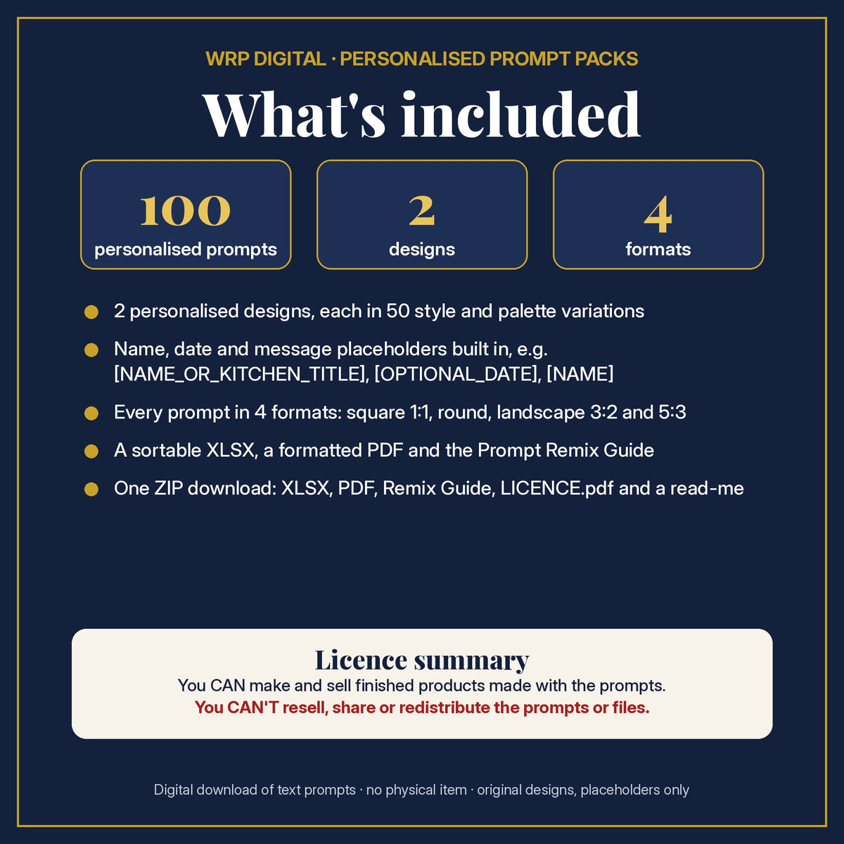 What's included: 100 personalised prompts, 2 designs with name, date and message placeholders, 4 formats (square, round, 3:2, 5:3), XLSX and PDF, Prompt Remix Guide, ZIP, and a licence summary