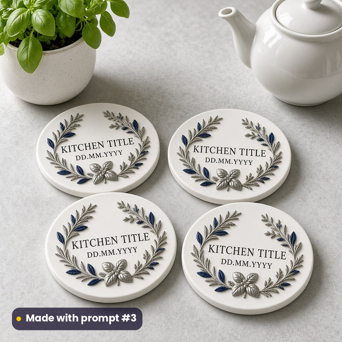 Four round white ceramic coasters with a sapphire and silver herb relief wreath around KITCHEN TITLE and DD.MM.YYYY placeholder text, beside basil and a teapot, made with prompt #3