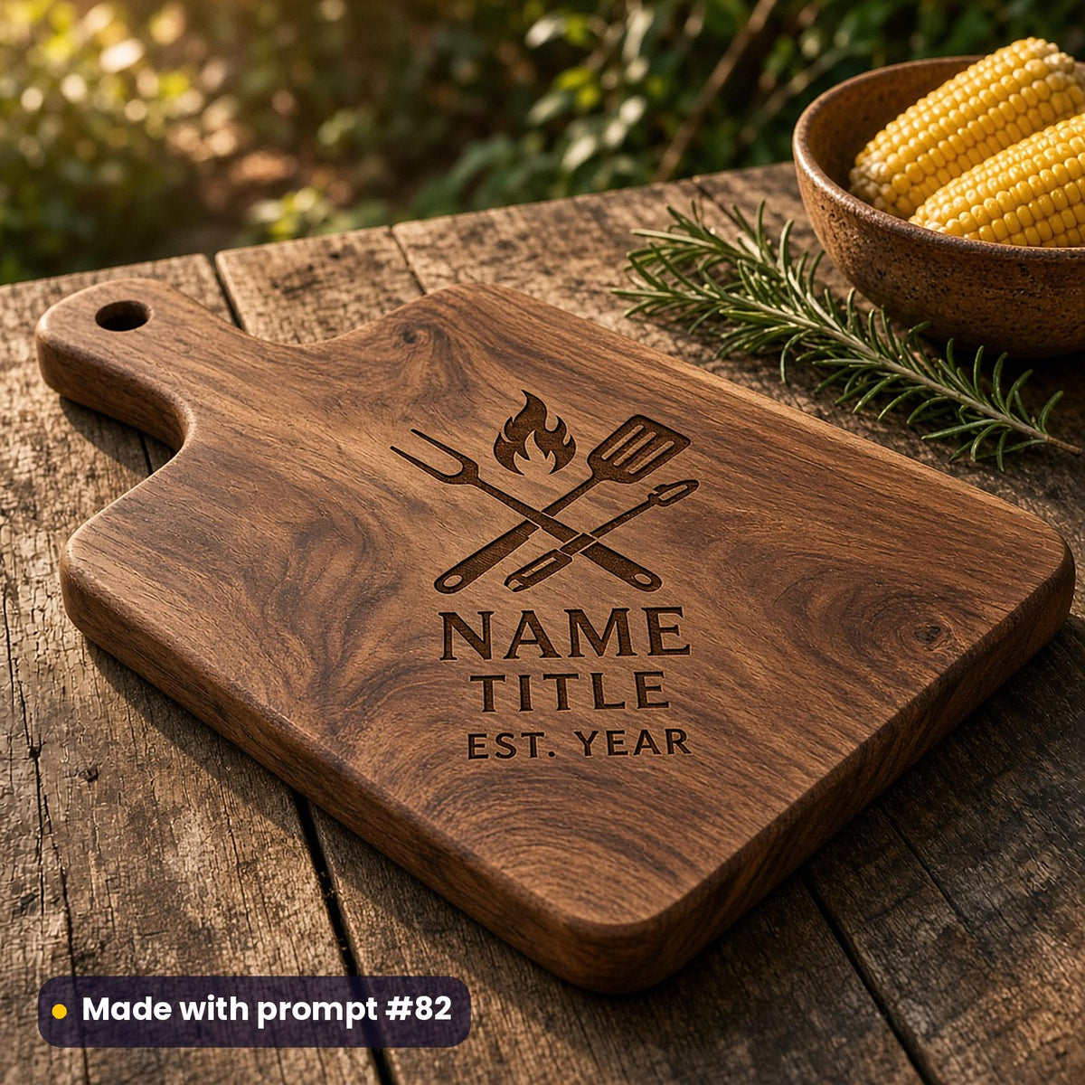 Walnut chopping board engraved with crossed grill tools and a flame above NAME, TITLE and EST. YEAR placeholder text, on a garden table beside corn on the cob, made with prompt #82