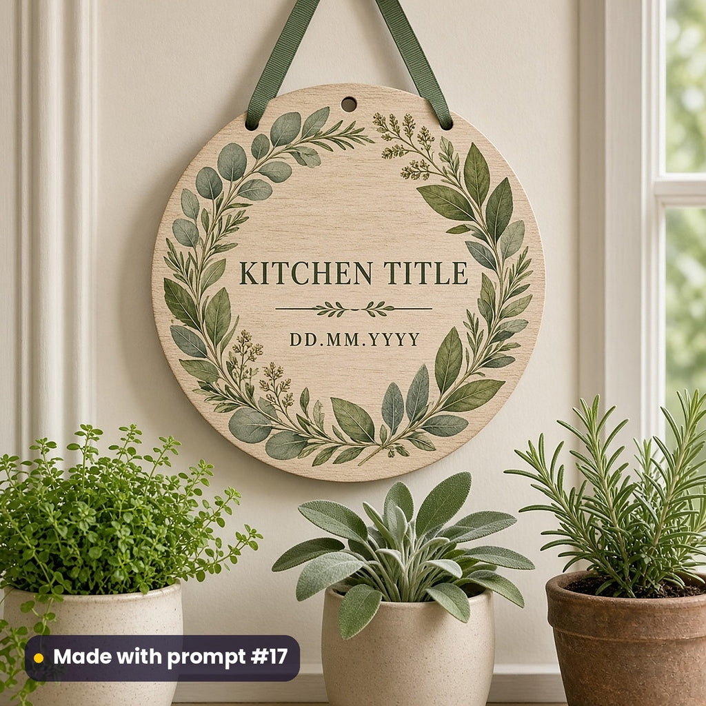 Round wooden plaque on a green ribbon printed with a eucalyptus and herb wreath around KITCHEN TITLE and DD.MM.YYYY placeholder text, above potted herbs, made with prompt #17