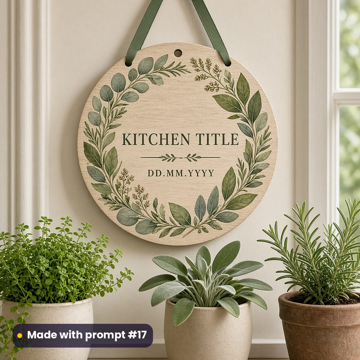 Round wooden plaque on a green ribbon printed with a eucalyptus and herb wreath around KITCHEN TITLE and DD.MM.YYYY placeholder text, above potted herbs, made with prompt #17