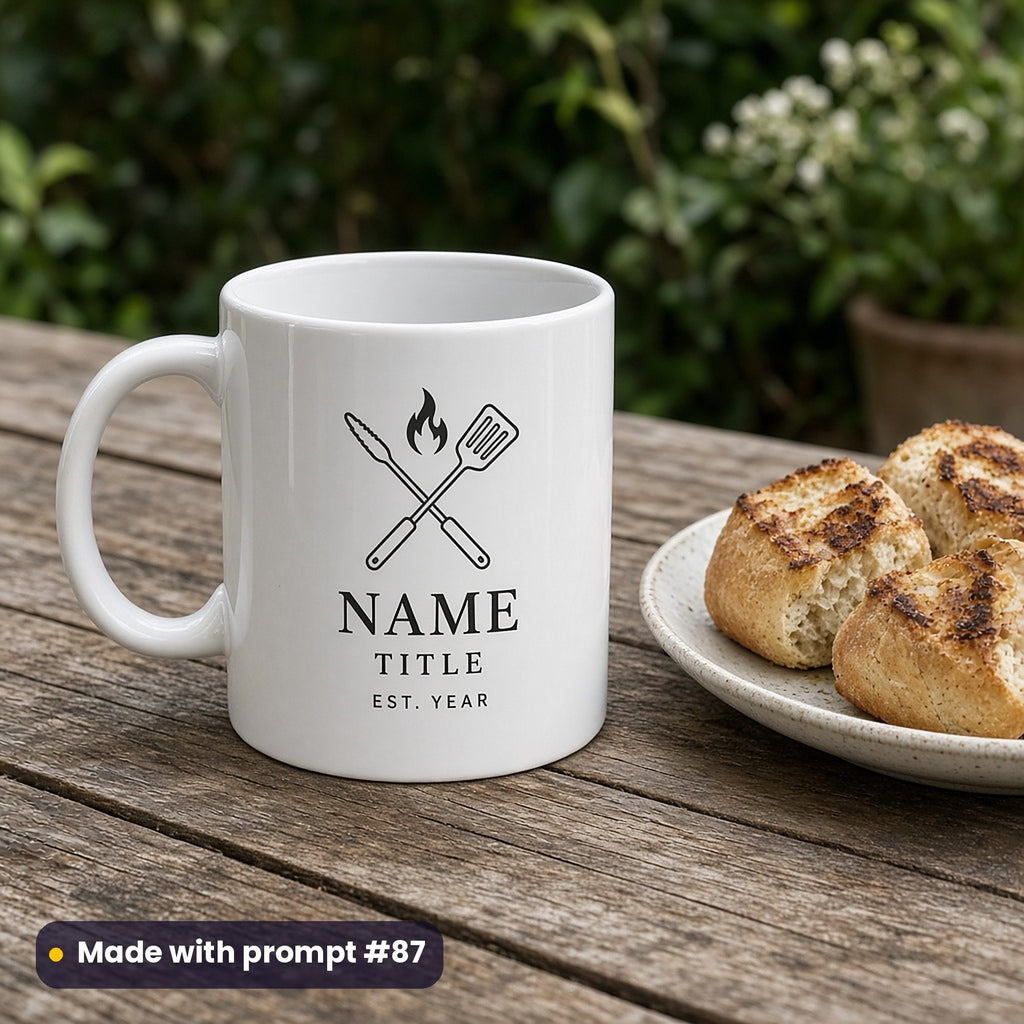 White mug printed with line-art crossed grill tools and a flame above NAME, TITLE and EST. YEAR placeholder text, beside toasted bread rolls, made with prompt #87
