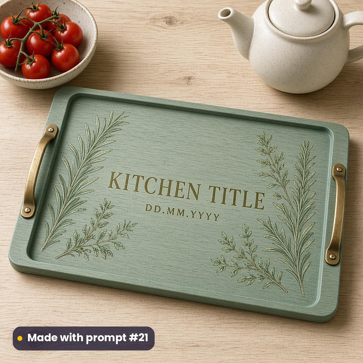 Sea-glass green tray with brass handles and tonal rosemary sprigs around KITCHEN TITLE and DD.MM.YYYY placeholder text, beside tomatoes and a teapot, made with prompt #21
