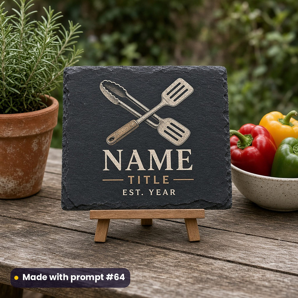 Slate sign on an easel printed in ivory and gold with crossed grill tools above NAME, TITLE and EST. YEAR placeholder text, beside rosemary and peppers, made with prompt #64