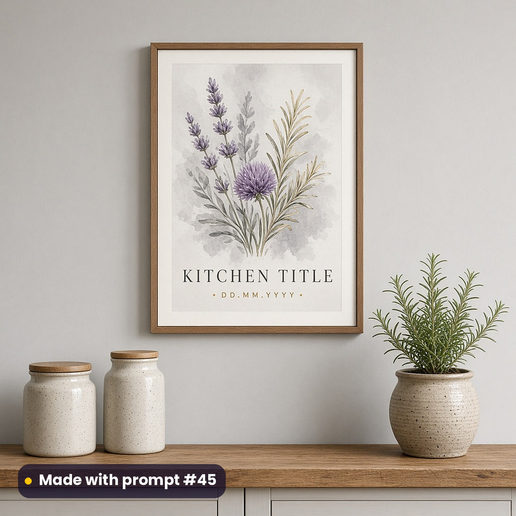 Framed wall art of painterly lavender and herbs in smoke grey and lilac above KITCHEN TITLE and DD.MM.YYYY placeholder text, above a kitchen shelf, made with prompt #45