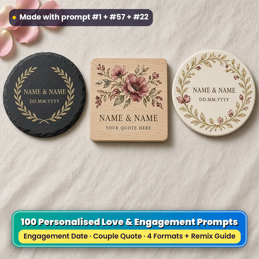 Three personalised love coasters on ivory linen: a slate coaster with a gold laurel ring, a beech coaster with watercolour flowers and a ceramic coaster with a gilded botanical frame, reading NAME & NAME, YOUR QUOTE HERE and DD.MM.YYYY as placeholder text, made with prompt #1 + #57 + #22