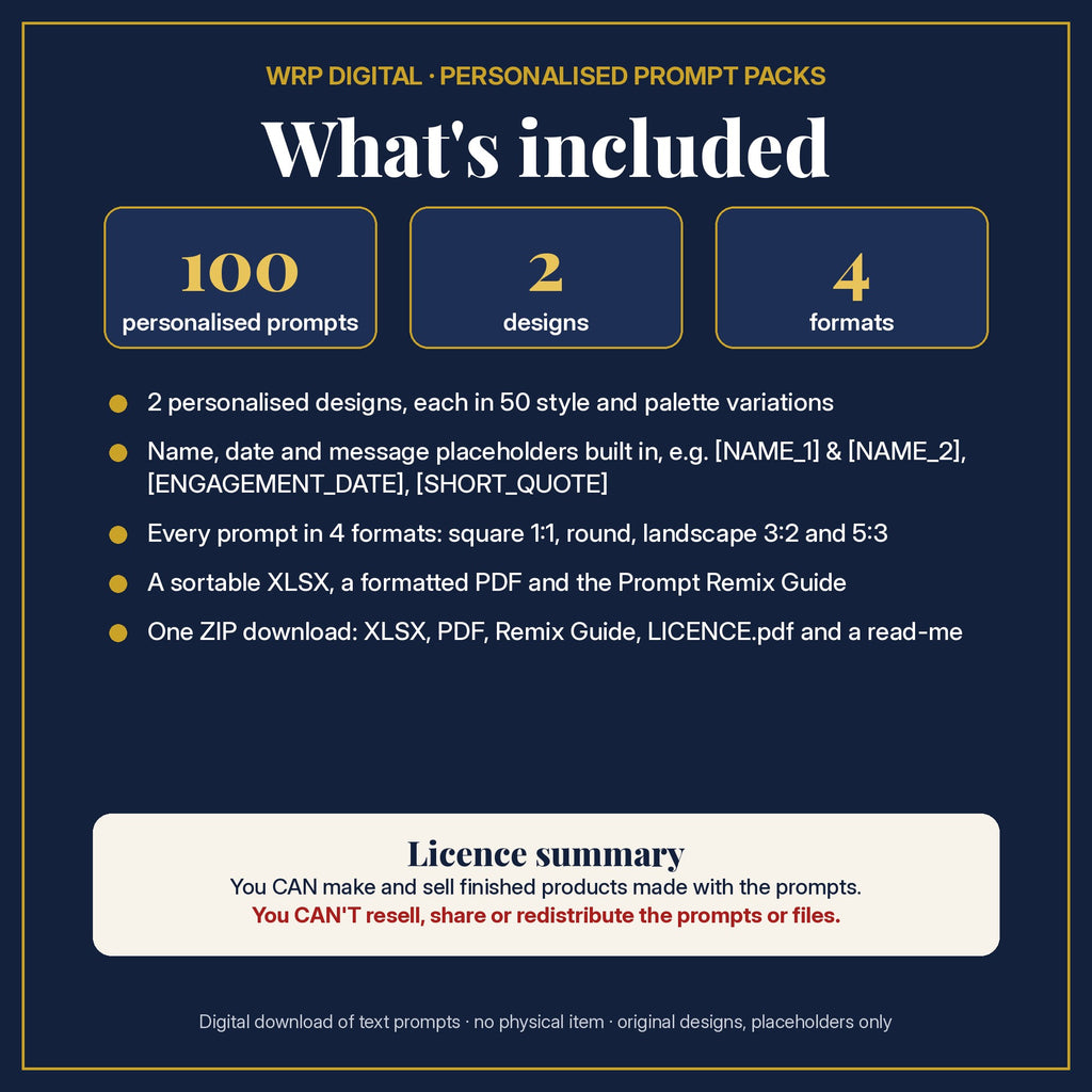What's included: 100 personalised prompts, 2 designs with name, date and message placeholders, 4 formats (square, round, 3:2, 5:3), XLSX and PDF, Prompt Remix Guide, ZIP, and a licence summary