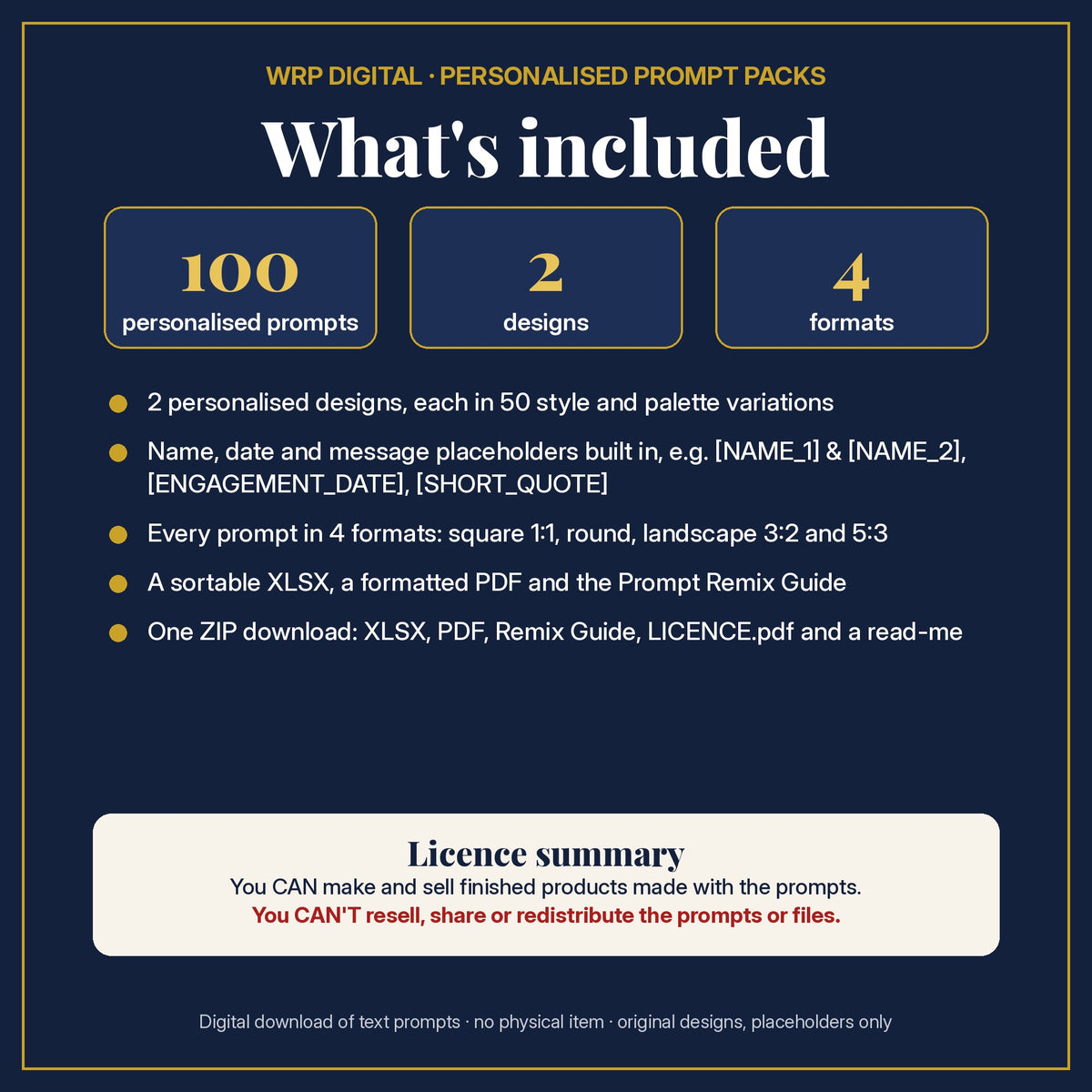 What's included: 100 personalised prompts, 2 designs with name, date and message placeholders, 4 formats (square, round, 3:2, 5:3), XLSX and PDF, Prompt Remix Guide, ZIP, and a licence summary