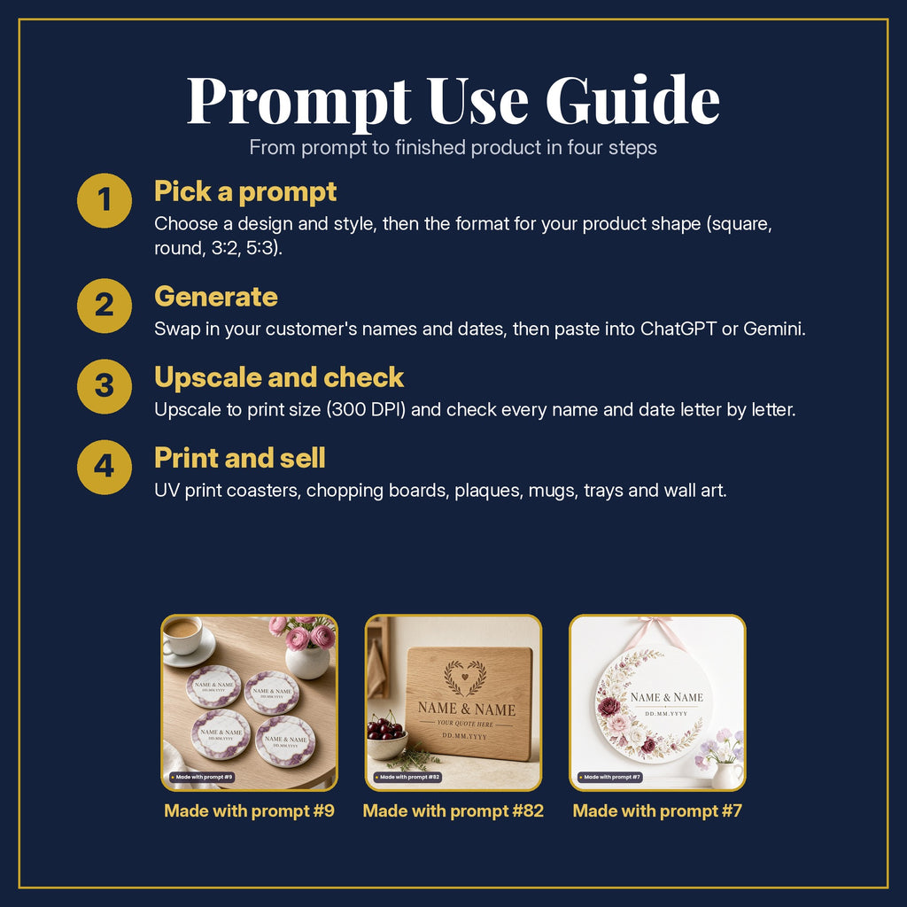 Prompt Use Guide in four steps: pick a prompt, generate, upscale and check, print and sell, with example products made with prompt #9, prompt #82, prompt #7