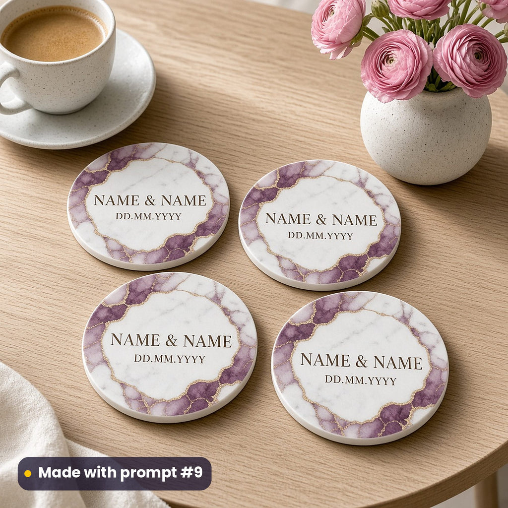 Four round marble-effect coasters with a plum and gold marble inlay ring around NAME & NAME and DD.MM.YYYY placeholder text, beside a coffee cup and ranunculus, made with prompt #9